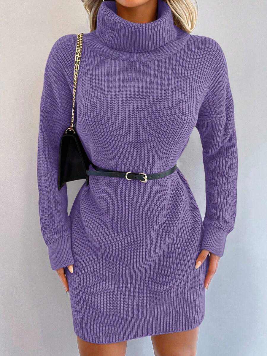 EURMUSE Solid Colored High Neck Drop Shoulder Sweater Dress Without Belt - Mauve Purple - View 1