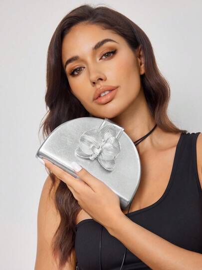 SHEIN SXY 女士晚宴包、手拿包、草编包、半圆形手拿包、花朵装饰、时尚、优雅、简约、个性化、多功能、经典、适合约会、下午茶、海滩、度假、节日、夏季、海边、派对