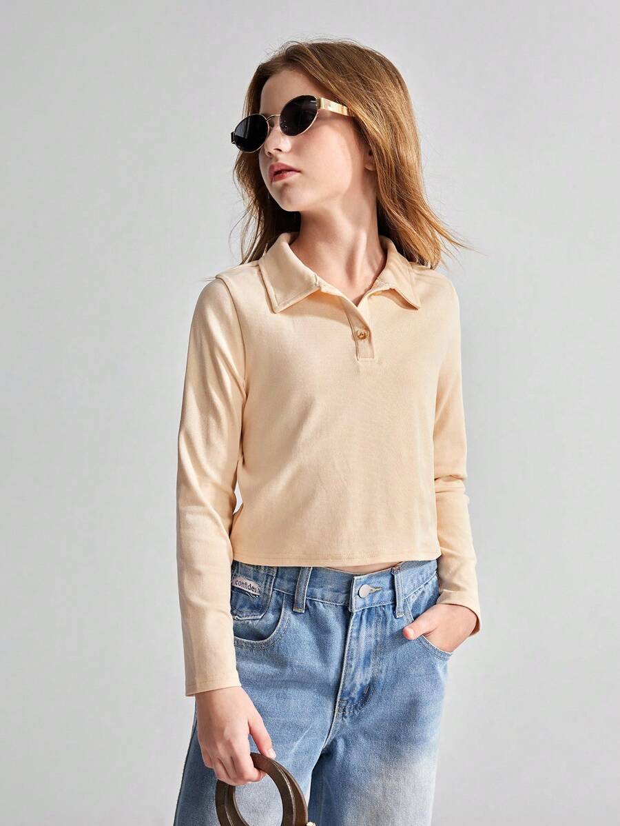 Ontre Tween Girls' All-Match Solid Color Polo Neck Long Sleeve T-Shirt - Apricot - View 1