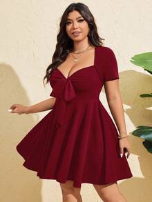 Sunspun 夏季大码女式性感前系带短袖紧身迷你连衣裙 - 紅色 - 查看 2