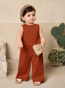 Travachic KIDS Babygirl Summer Cute Wave Sleeveless Top And Pants Set Baby Girl Outfits Brown Summer Toddler Jumpsuit Romper Baby Brown Jumpsuit Jumpsuit For Baby Girl Toddler Brown Outfit - Rust Brown - View 5