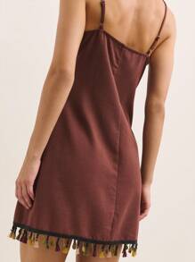 Nöista Earthy Brown Straight-Cut Summer Slip Dress With Thin Straps And Tassel Hem. Lightweight Breathable Fabric Fits Summer Dresses For Women, Summer Outfits For Women, Cute Summer Tops, Women's Summer Clothes, Plus Size Summer Clothes, And Perfect For Vacation Or European Summer Style. Ideal For Casual 4th Of July Outfit Women.