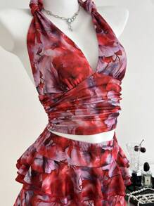 SHEIN Unity Women 2 Pieces Outfit: Twist Front Halter Top And Ruffled Hem Skirt Set - Red - View 4