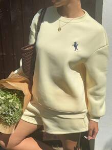 SHEIN EZwear 女士骑士印花落肩长袖卫衣和短裤两件套休闲套装 - 黃色 - 查看 8