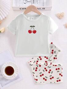 Cute Mini Cherry Print "Chill Chill Summer" Casual Slim Fit Crew Neck Short Sleeve Shorts Set For Young Girls, Suitable For Summer - Multicolor - View 3