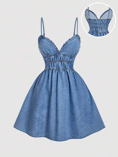 SHEIN MOD Women's Summer Denim Dress With Frill Trim,Waist Ruching Aqua Blue Suspenders Sun Dress,Casual Cute Date Blue Jean Dress,Beach Birthday Party Outfits