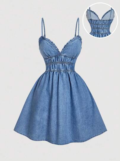 SHEIN MOD Women's Summer Denim Dress With Ruffle Trim And Waist Ruching,Summer Vacation Blue Denim Suspenders Elastic Waist Sun Skirt Dress,Summer Dresses For Women,Beach Outfits For Woman,Business Casual Woman,Country Concert Outfit,Birthday Outfits For Women,Western Wear Women,Casual Dresses For Woman,Concert Outfit Women,Blue Dresses Classy Elegant,Hawaii Outfits Women,Brunch Outfits For Women,Dresses For Women Party,Graduation Dresses For Women,Summer Dresses For Vacation, Blue Jean Dress