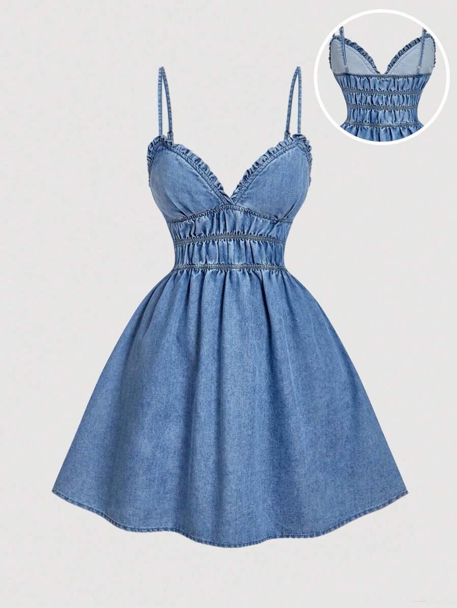 SHEIN MOD Robe en jean d'été pour femme avec garniture volantée et froissage à la taille