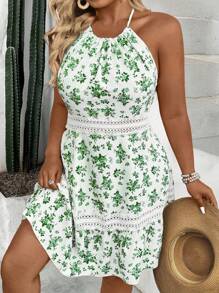 SHEIN Clasi 大码女式休闲花卉蕾丝镂空后背拼接迷你连衣裙 - 綠色 - 查看 4