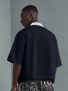 SUMWON Premium Summer Resort Bowling Shirt Short Sleeve Palm Springs Embroidered Casual Button Down Weekend Holiday Wear - Navy Blue - View 3