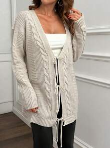 EURMUSE Beige Cable Knit Tie-Front Cardigan - Cozy & Comfy,Cardigans For Women,Long Cardigans Woman,Petite Cardigans,Cardigans - Beige - View 5