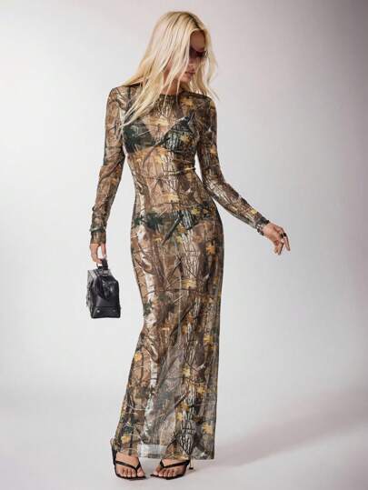 Shutterstock Y2Kool Tailliertes Damen Camouflage Muster Langkleid, sexy Straßen Party Abend Urlaubs Lässig Herbst