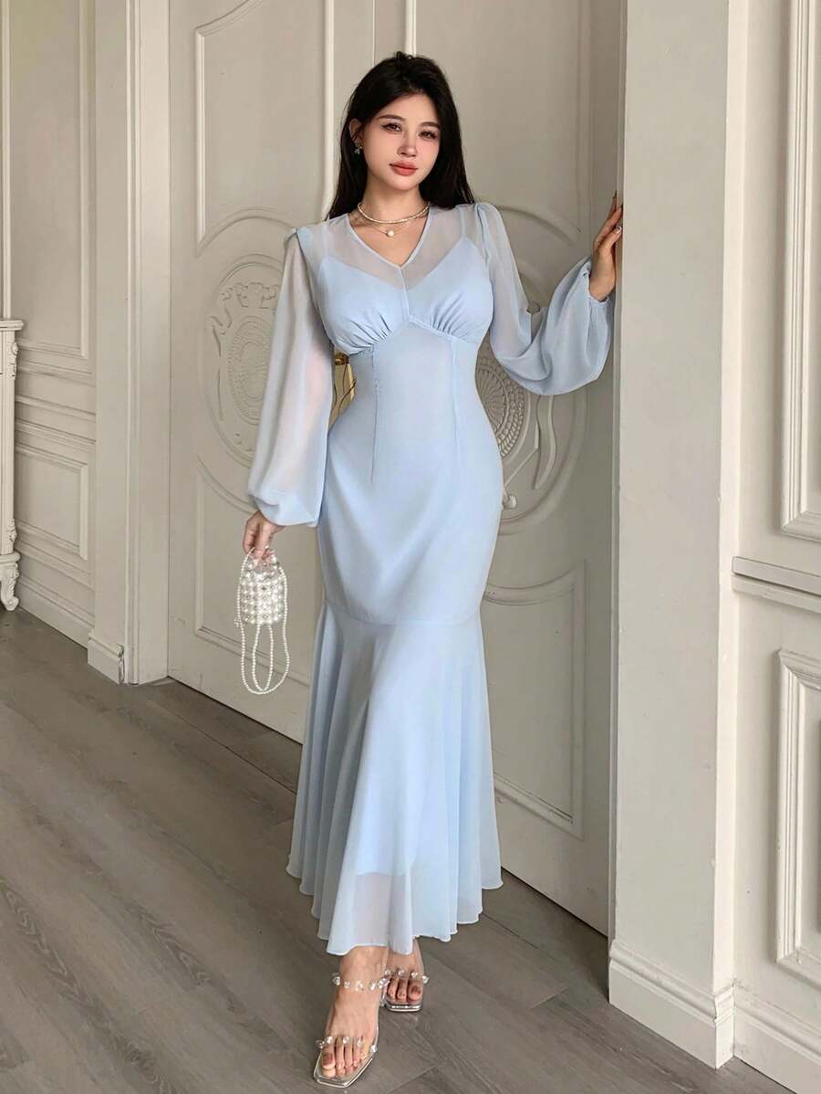 Modelyn Đầm ôm eo cổ chữ V cho nữ - Màu xanh lam - Xem 1