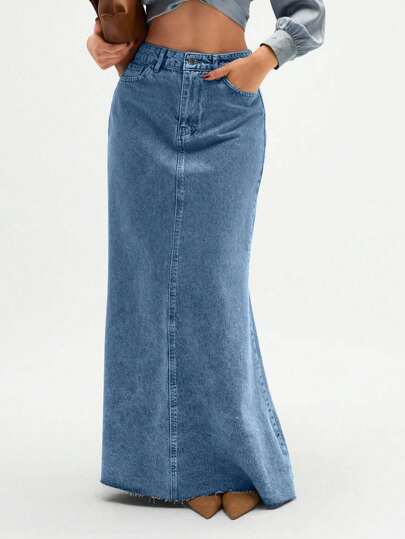 SHEIN Tall Klassisk färgad ficka med snedskuren elegant och trendig denimkjol