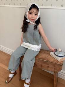 Dazy Kids Bộ 2 món/Bộ áo ren chắp vá không tay và quần ống rộng thường ngày cho bé gái, bé gái - Rửa nhẹ - Xem 6