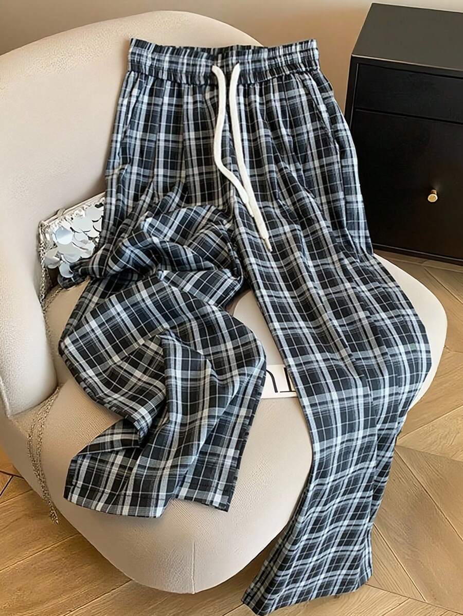 SHEIN Women Plaid Drawstring Waist Loose Fit Wide Leg Casual Pants Fall Cloth For Women - Multicolor - View 1