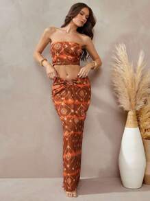 Boho Tile Print Ruched Summer Skirt With Wood O-Ring Ornament Detail - Brown - View 5