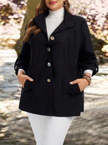 EMERY ROSE Plus Size Women Solid Color Single Breasted Casual Loose Lightweight Jacket, Button Up Jacket Winter,Back To School,Teacher,Country Autumn - Black - View 3