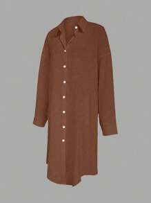 Pleated Long Button Dropped Shoulder Women Blouse Fall Cloth For Women - Brown - View 5