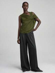 Ontre 2025 夏秋季女士纯色不对称领口褶皱设计衬衫，适合夏季度假、海滩、派对、百搭、节日、社交、多功能、日常、商务休闲办公穿着