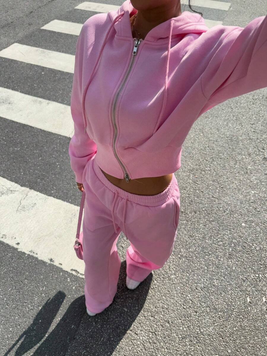 Muchica 女士纯色插肩袖拉链连帽运动衫和裤子休闲运动套装 - 淺粉色 - 查看 1