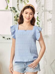 SHEIN Teen Girl Weave Texture Solid Color Square Collar Short Sleeve Casual Shirt