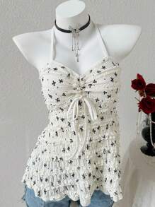 INAWLY Sexy Butterfly Print Drawstring Backless Halter Top - Apricot - View 5