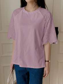 DAZY 女士蕾丝拼接优雅都市休闲短袖T恤 夏季 - 紫色 - 查看 3