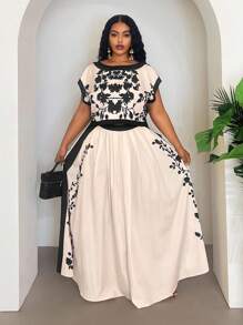 Veslaya Plus Size Floral Print Short Sleeve Top And Pocketed Skirt, Casual 2 Pieces Set Plus Size Floral Two Piece Set Maxi Skirt Two Piece Set