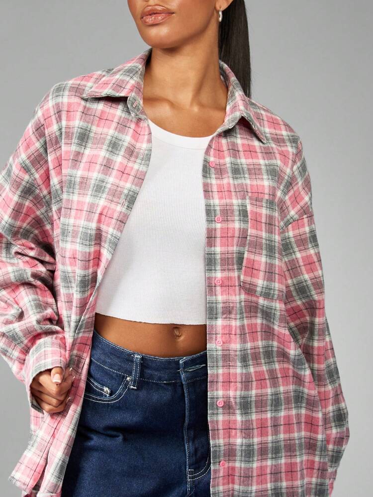MISSGUIDED Brushed Flannel Plaid Button Down Shirt Oversized Long Sleeve Top Fall Winter Layering Piece Grunge Style Casual Loose Fit Women Blouse Comfort Wear