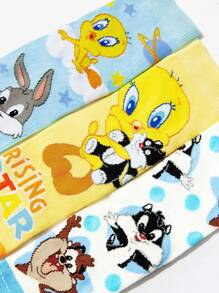 LOONEY TUNES X SHEIN 3 双棉质柔软透气吸湿排汗儿童中筒袜，彩色可爱卡通崔弟图案中筒袜，加固脚趾和脚跟，经久耐用，男女通用，四季百搭，适合学校和户外，黄色和蓝色 - 彩色 - 查看 4