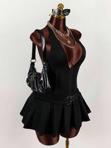 Amplova 女式深V领金属扣腰带装饰宽褶连衣裙，女式夏季连衣裙 - 黑色 - 查看 5