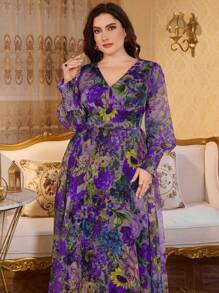 Modelyn 全新奢华优雅超长V领长袖摆裙 - 紫羅蘭色 - 查看 5