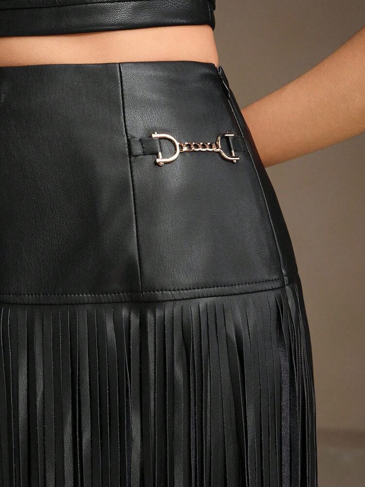 Falda maxi Anewsta de cintura ajustada con cadena negra y doble capa de flecos, adecuada para el Día de San Valentín, primavera a verano