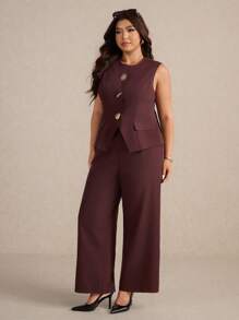 Elaquor Conjunto de 2 piezas de talla grande, elegante y minimalista, versátil para la oficina y el trabajo, compuesto por chaleco y pantalón corto para mujer, para primavera/verano