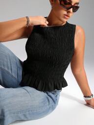 LYSMO Plus Size Summer Boho Women Elastic Ruched Camisole Tops,Business Casual Woman Black Sleeveless Top Summer Tops Women Cinched Waist Top,Back To School , Peplum Top Valentine's Day Outfit