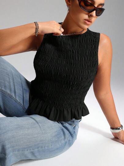 LYSMO Plus Size Summer Boho Women Elastic Ruched Tank Top, Business Casual Woman Black Sleeveless Top Summer Top Women Cinched Waist Top, Back To School , Peplum Top Valentine's Day