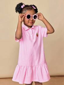 CutesyCutie Young Girl Fitted Woven Striped Strawberry Print Polo Collar Dress Pink Striped Dress Strawberry Dress Pink Girls Dress Pink Summer Dress Casual Dress Pink Dress Casual Girls Pink Collared Dress Back To School Girls Pink Dress Pink Dress, Young Girl Fall Clothes - Blue and White - View 7