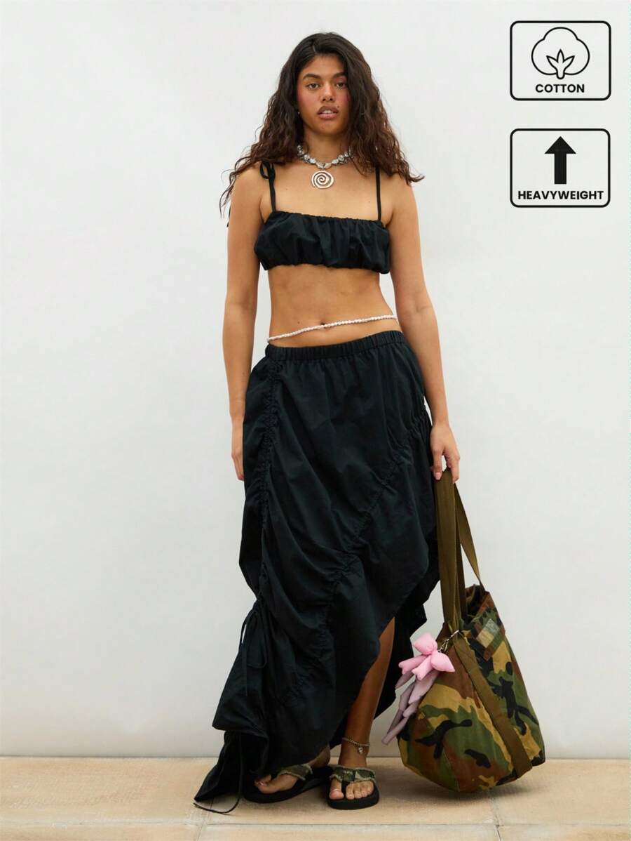 COUREZ Falda larga asimétrica fruncida / Conjunto de ropa de verano para mujer Y2K Ropa de verano Salir Prendas 100% algodón Vintage