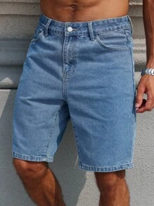 Manfinity Homme 男士街头时尚休闲抗皱防污直筒蓝色牛仔短裤 - 中等水洗藍 - 查看 4