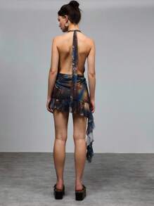 TypaGal Vestido de lujo con estilo oceánico, diseño de estampado degradado azul y marrón, espalda con tirantes sexy, decoración exquisita de strass en forma de estrella de mar en la cintura, bajo asimétrico con apliques de tul, que resalta las curvas encantadoras, adecuado para fiestas de vacaciones o actividades en la playa.