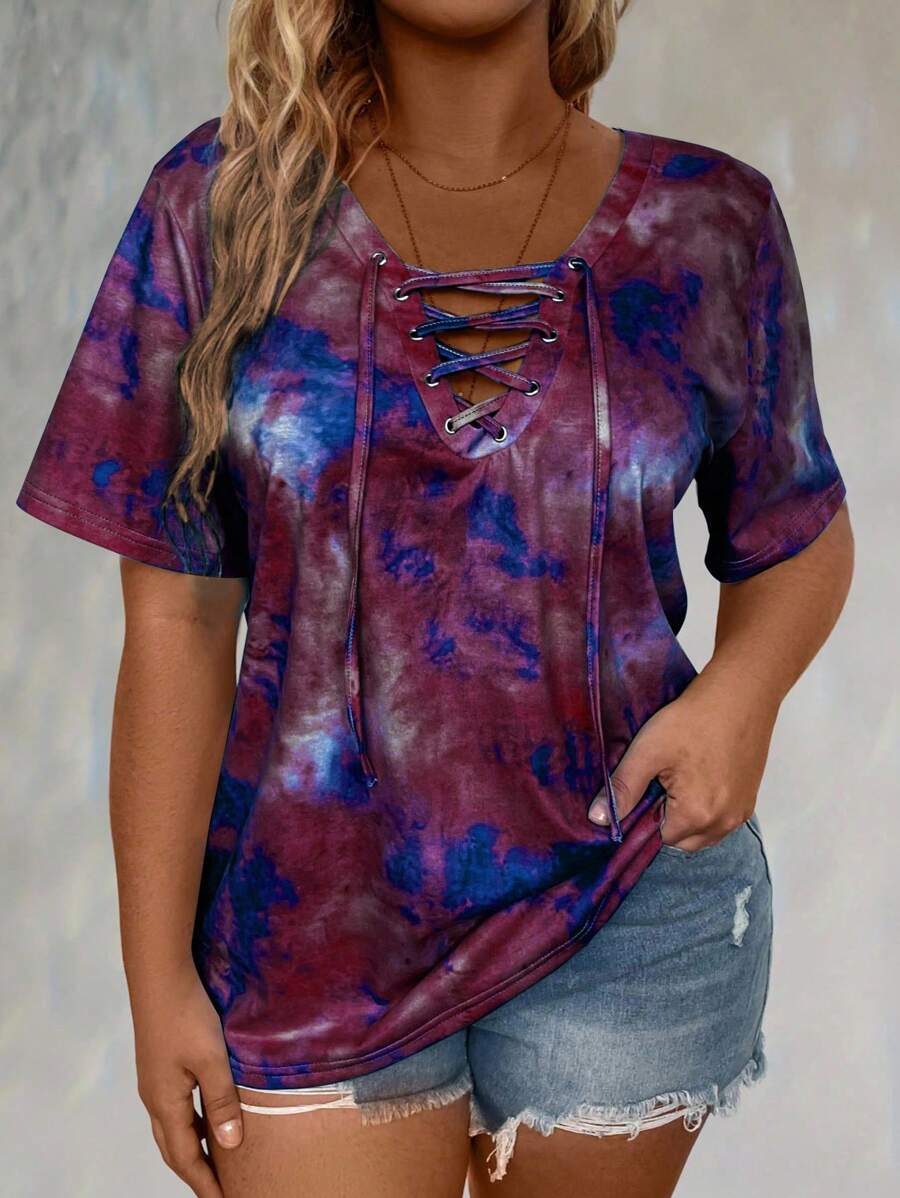 Plus 扎染前系带 T 恤 图案 T 恤 女式上衣 - 彩色 - 查看 1