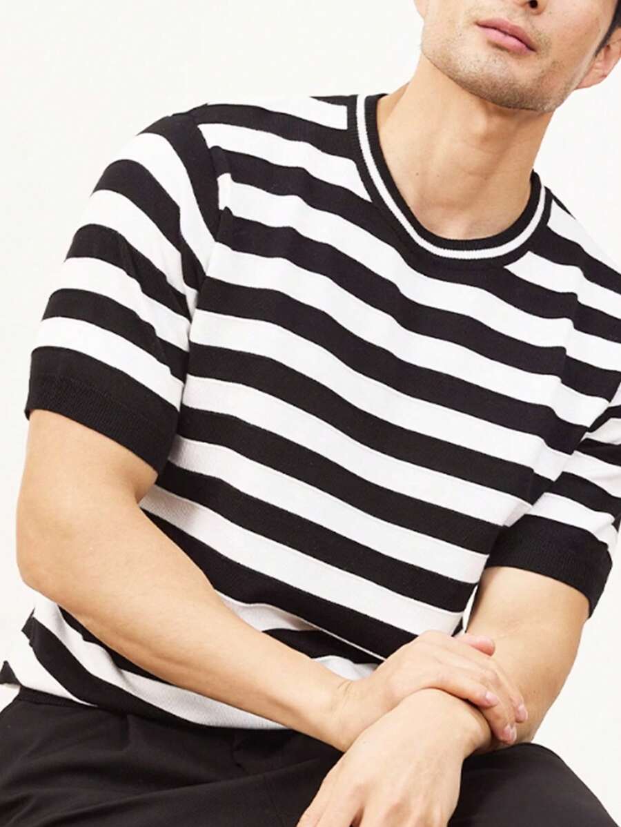 Manfinity Homme 男士条纹印花圆领休闲短袖针织上衣 - 彩色 - 查看 1