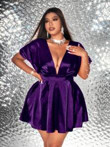 Viva Relle Plus Size Sexy Solid Color Short Party Dress, Romantic - Purple - View 4