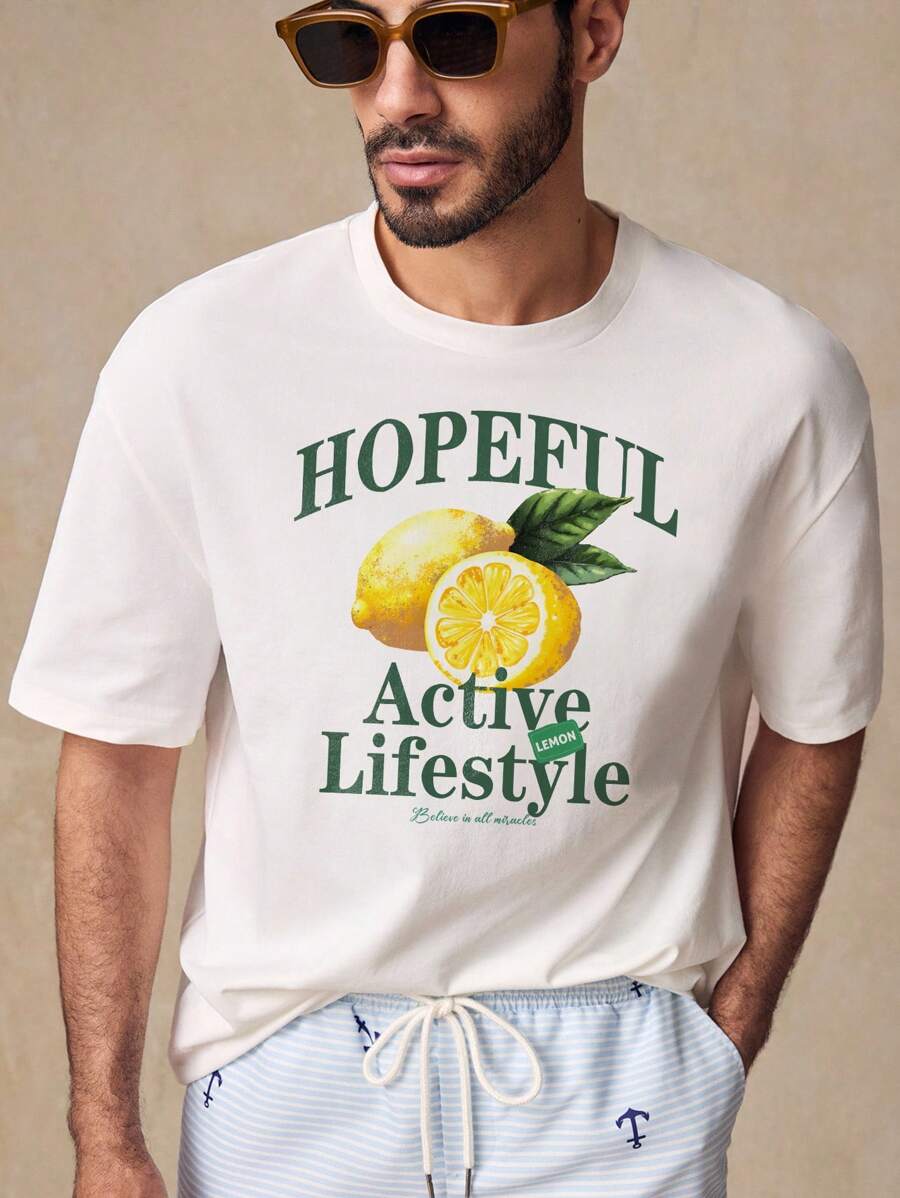 HIMLAND Camiseta ajustada de hombre blanca con estampado de limón casual