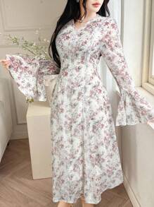Modelyn 女式花卉印花撞色蕾丝喇叭袖优雅连衣裙 - 白色 - 查看 6