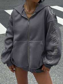 Muchica 女士休闲宽松日常街头风格秋冬拉链连帽卫衣 - 深灰色 - 查看 4