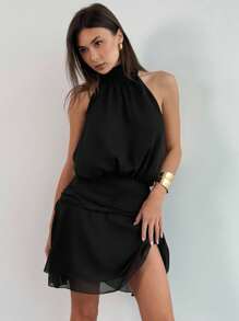 Aloruh Nuevo vestido mini dulce con diseño de lazo en espalda abierta, cuello halter y volante en el bajo, sin mangas y resistente a las arrugas, para primavera/verano - Negro - Ver 7