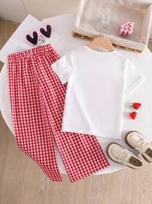 SHEIN Playful Pals Bộ 2 món cho bé gái: Áo thun tay ngắn in nơ dâu tây & Quần ống rộng vải gingham, mùa hè - Đỏ - Xem 2