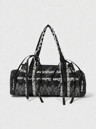 Goth Bolso de hombro de encaje de estilo Y2K, bolso redondo de encaje con estampado arquitectónico para llevar debajo del brazo